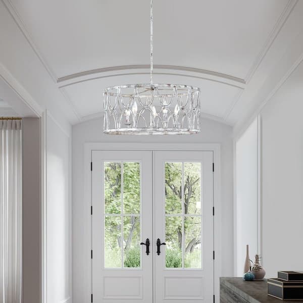 5-Light Distressed Washed White Pendant Light with Drum Shape