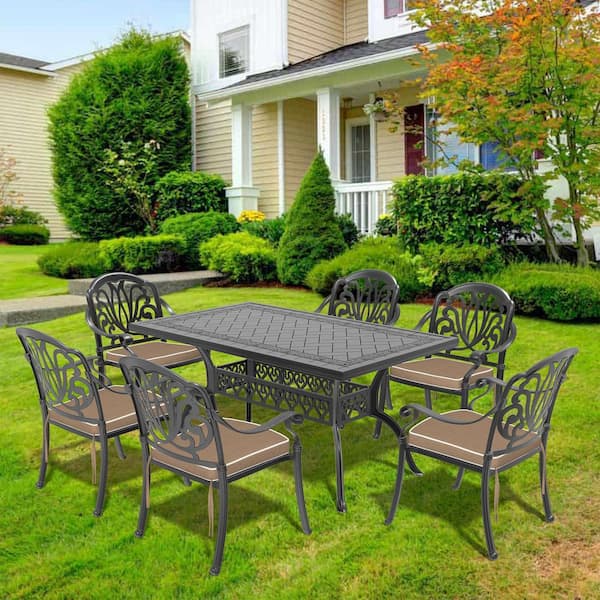 Black 7-Piece Cast Aluminum Outdoor Dining Set with Brown All-Weather Cushions and Stackable Design