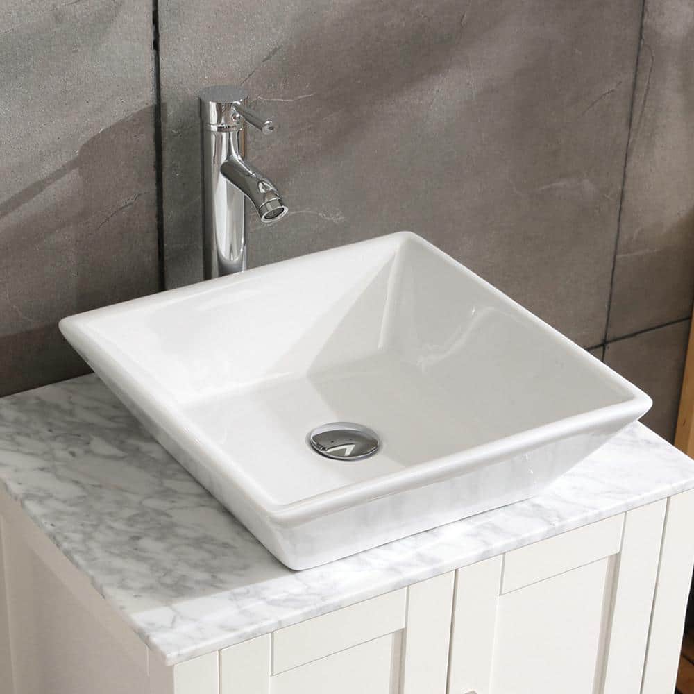 16.5" White Ceramic Square Bathroom Vessel Sink with Faucet