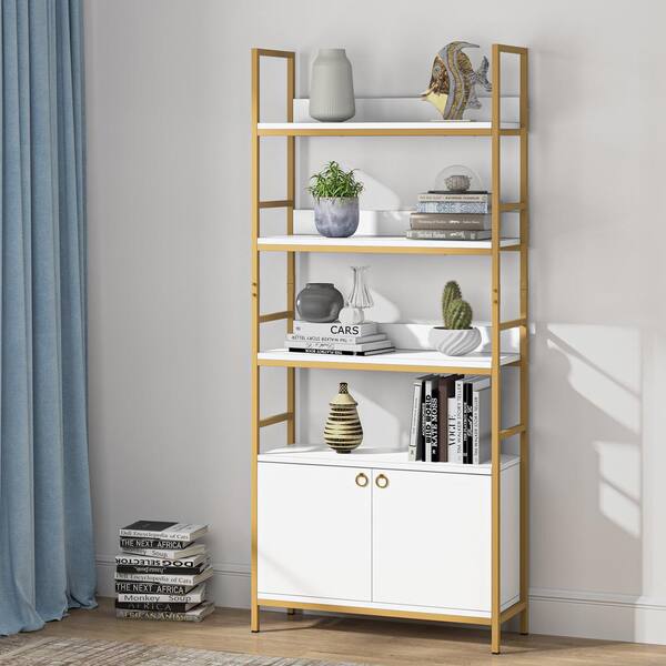 4-Tier Bookshelf with Cabinet, 75.9 Tall Etagere Bookcase with Door