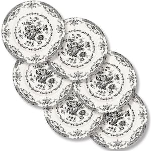 8.5 in. Black Salad Plates, White Porcelain Dessert Plate Porcelain Serving Dishes, Microwave Safe (Set of 6)
