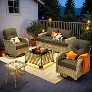 Tiberte Gray 6-Piece Wicker Patio Conversation Seating Set with Black Cushions and Swivel Chairs