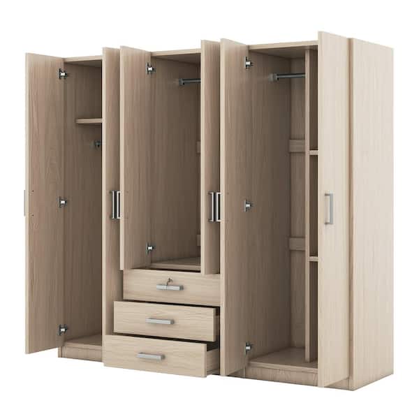 Harper & Bright Designs Brown Wood 70.9 in. 6-Door Wardrobe Armoire with  3-Drawers, 5-Storage Shelves and 3-Hanging Rails HTC005AAD