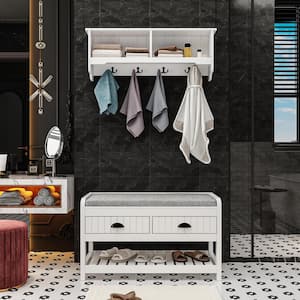White Wood Bathroom Wall Cabinet with 4-Hooks, Shoe Storage Bench and 2 -Drawers