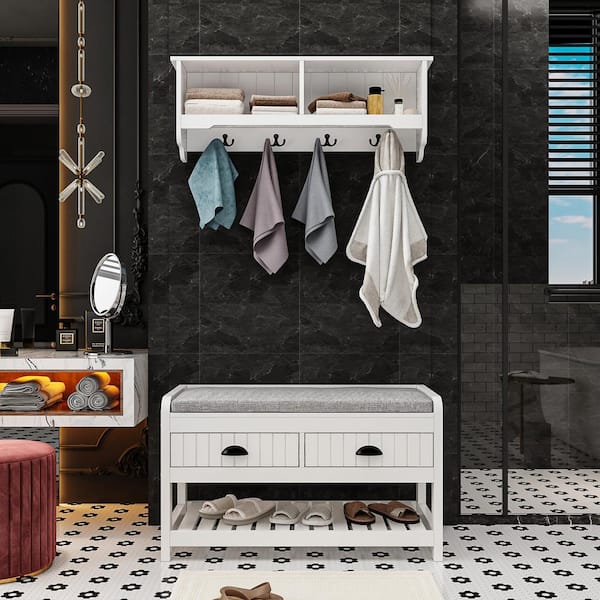 FUFU&GAGA White Wood Bathroom Wall Cabinet with 4-Hooks, Shoe Storage Bench and 2 -Drawers