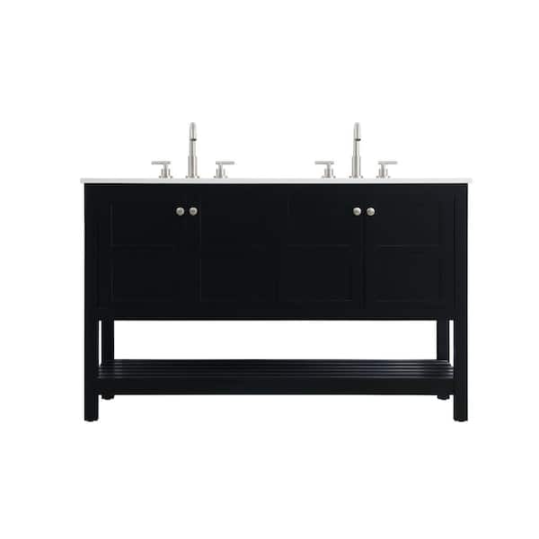 54 in. Double Sink Black Bath Vanity with White Engineered Marble Top