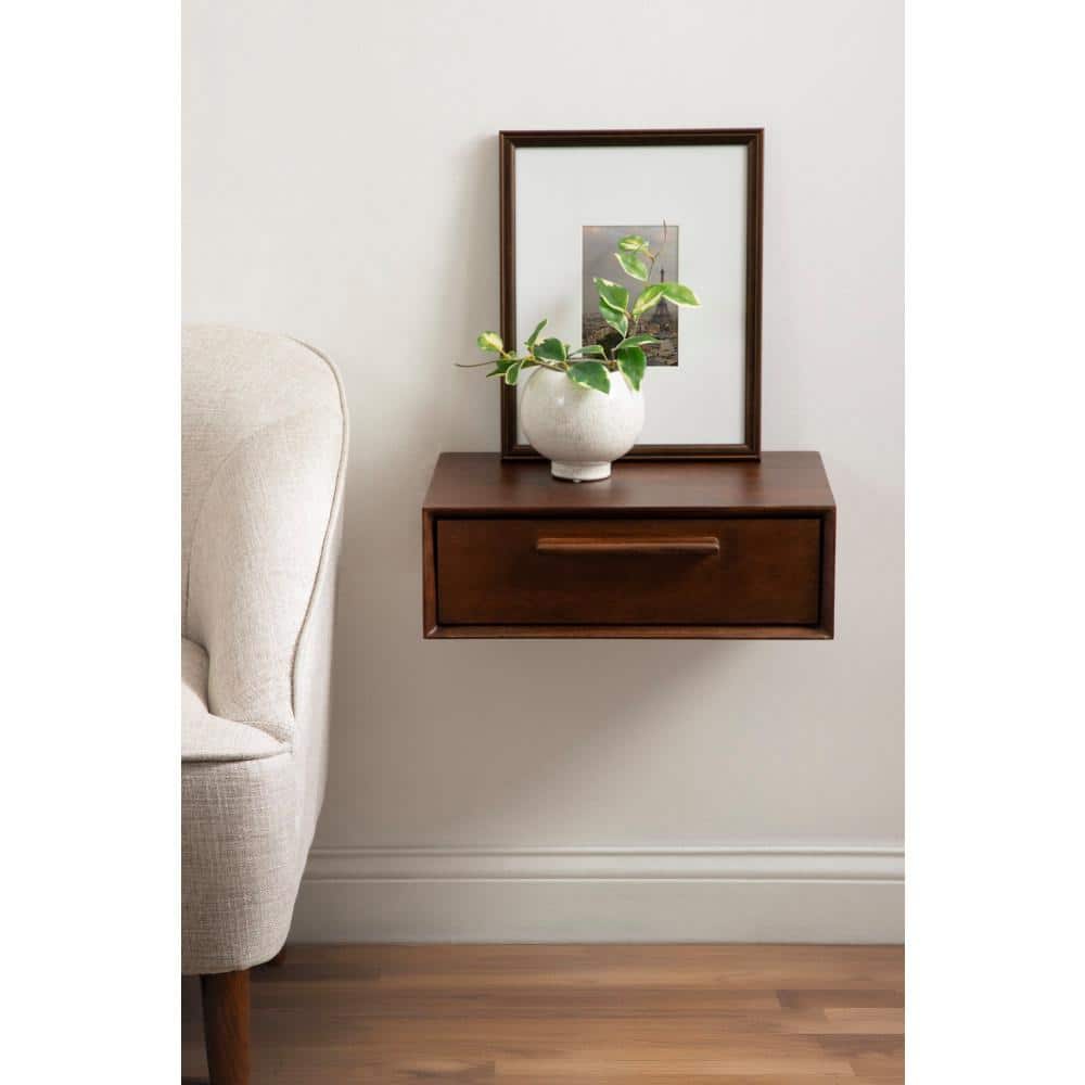 Dark Walnut Mango Wood Floating Wall Shelf with Drawer
