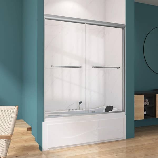 60 in. W x 62 in. H Bathtub Door Semi-Frameless Double Sliding Tub Door in Brushed Nickel with 5/16 in. Clear Glass