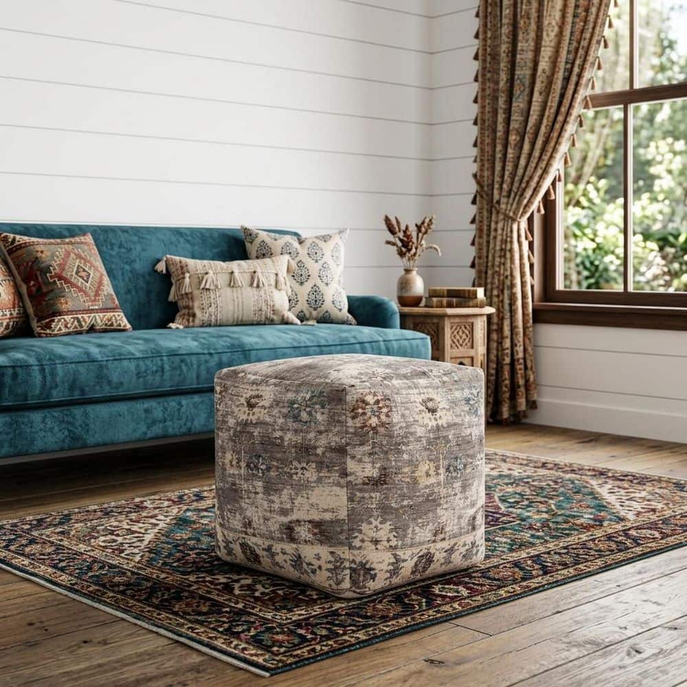 18 in. Ivory and Taupe Upholstered Medallion Pouf Ottoman price history on PriceWatchPro