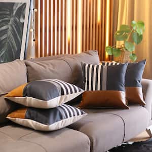 Bohemian Handmade Vegan Faux Leather Brown and Black 18 in. x 18 in. Square Geometric Throw Pillow Set of 4