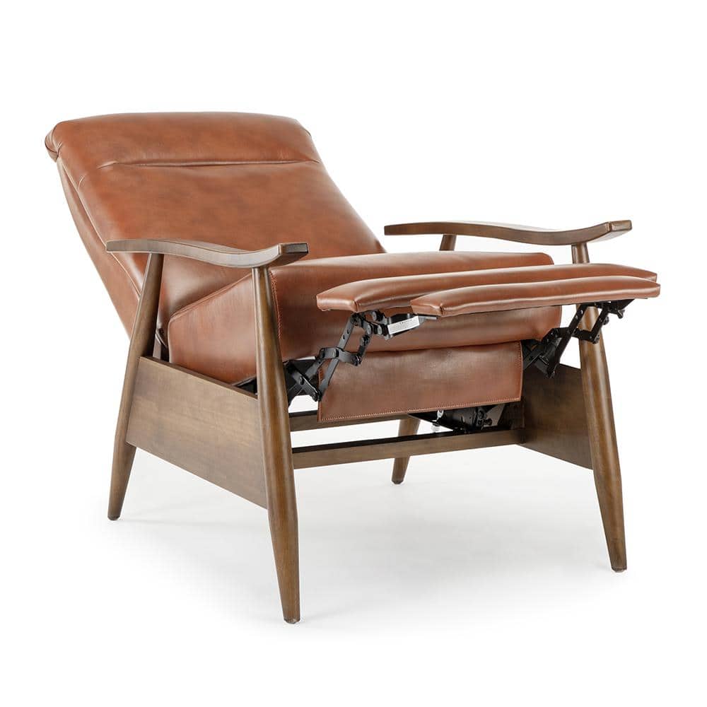 Caramel Mid-Century Modern Faux Leather Recliner with Wooden Arms