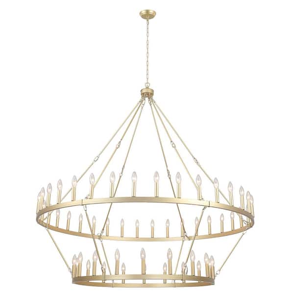 54-Light Brass Candlestick Circle Wagon Wheel Chandelier 2-Tier Farmhouse Chandelier Lighting for Kitchen Island