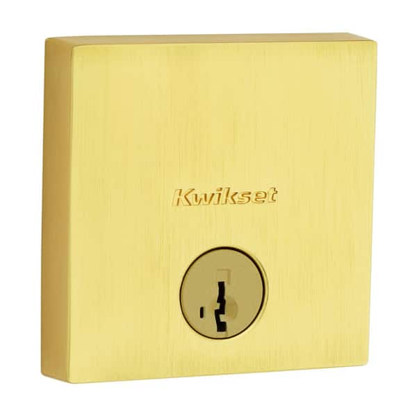 Kwikset Downtown Low Profile Satin Brass Single Cylinder Square Contemporary Deadbolt Featuring SmartKey Security