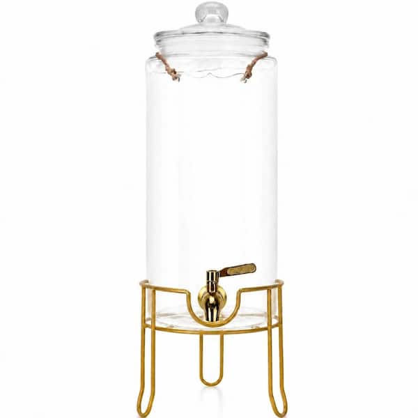 1.5 Gallon Round Glass Drink Dispenser with Golden Metal Stand Stainless Steel Spigot Chalkboard Markers