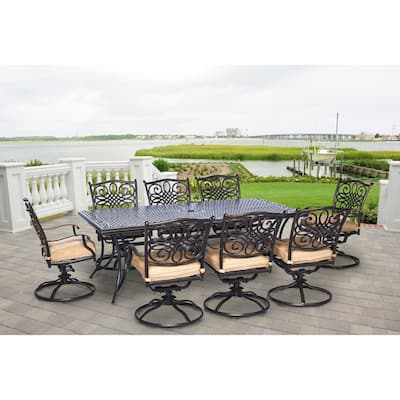 Seasons 9-Piece Aluminum Outdoor Dining Set with Tan Cushions with 8 Swivel Dining Chairs and Dining Table