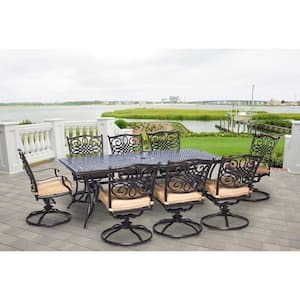 Traditions 9-Piece Aluminum Rectangular Patio Outdoor Dining Set w/ 8 Swivel Dining Chairs and Natural Oat Cushions
