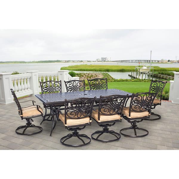 Hanover Traditions 9-Piece Aluminum Rectangular Outdoor Patio Dining Set, 8 Cushioned Swivel Chairs, Table, All-Weather Frames