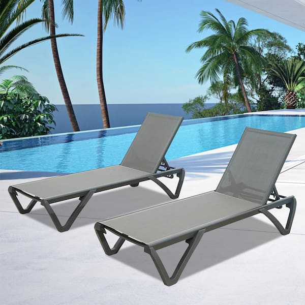 Unbranded 2-Pieces Metal Gray Adjustable Outdoor Chaise Lounge All Weather Reclining Chair for Yard, Pool