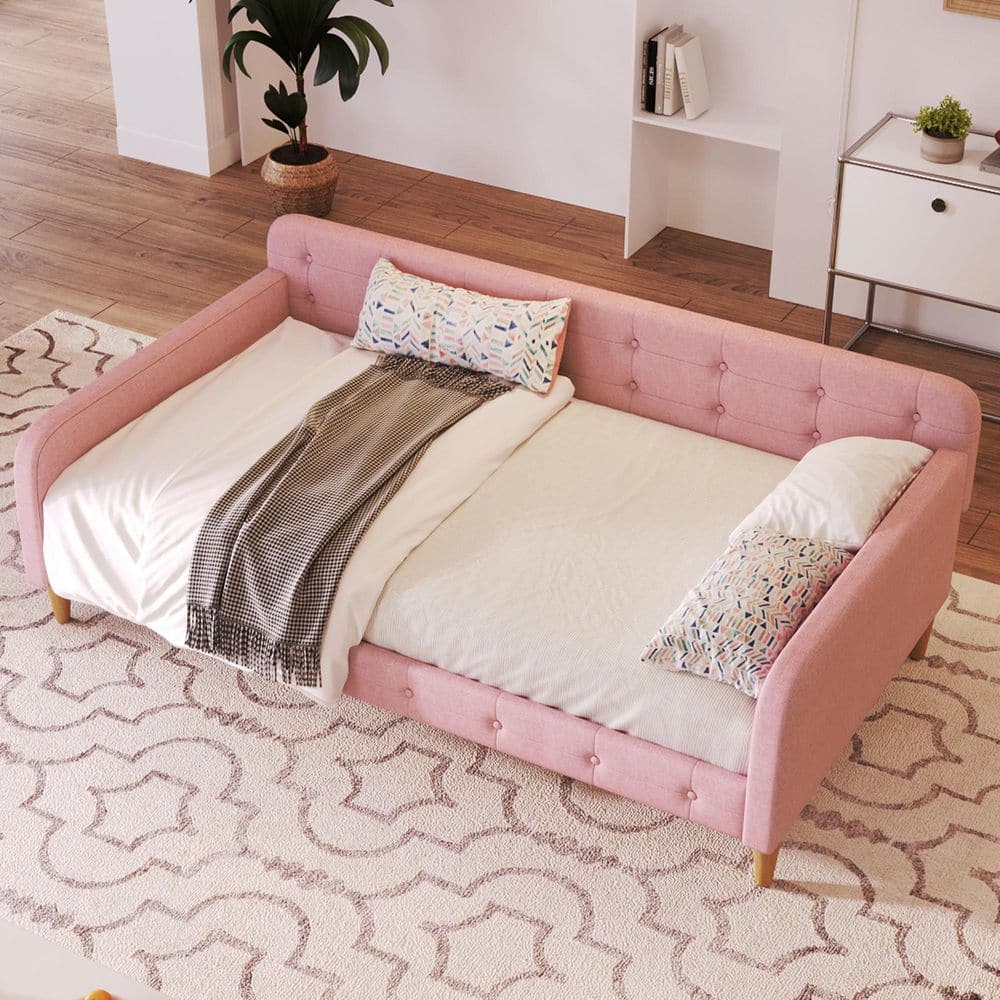 Button-Tufted Pink Wood Frame Twin Size Linen Upholstered Daybed with Additional Support Legs