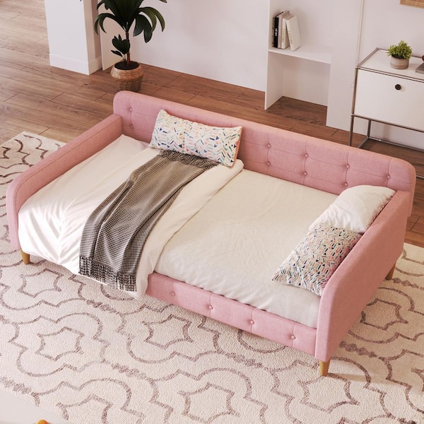 Harper & Bright Designs Button-Tufted Pink Wood Frame Twin Size Linen Upholstered Daybed with Additional Support Legs