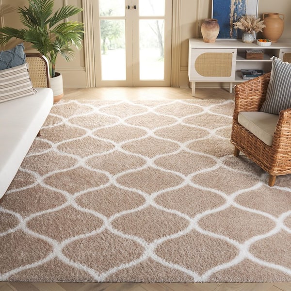 Tahoe Shag 9 ft. x 12 ft. Beige/White Trellis Modern Area Rug