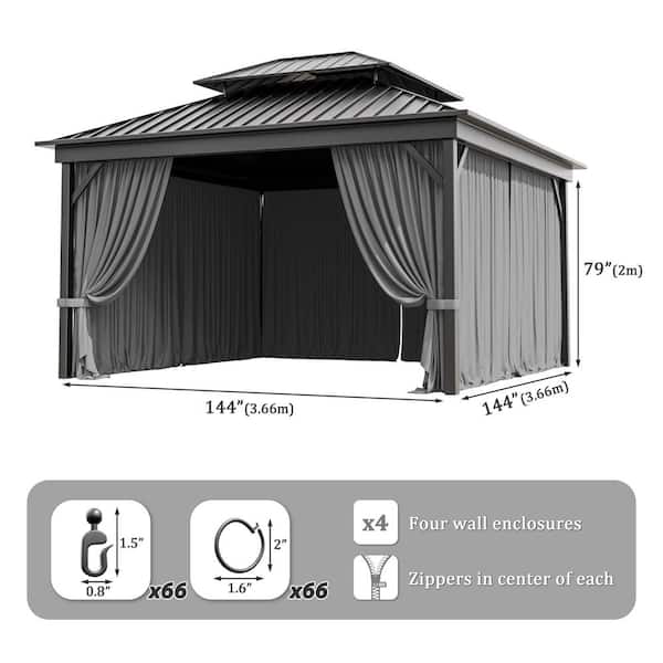 12 ft. x 12 ft. Universal Outdoor Privacy Curtains, Gazebo Replacement with Zipper Grey (4-Side Curtain Only)