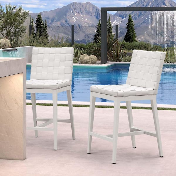 Aluminum Frame Counter Height Outdoor Bar Stools PU Leather Bar stool for Garden/Kitchen with White Cushion (2 pack）