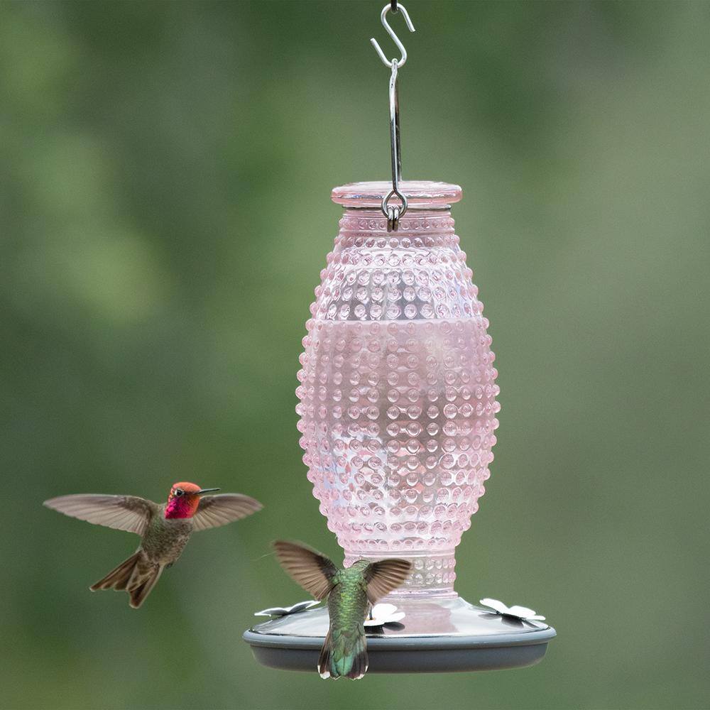 Cranberry Hobnail Glass and Metal Hummingbird Feeder