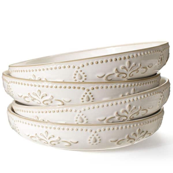 50 fl. oz. 9.75 in. White Floral Ceramic Salad, Dessert, Pasta and Soup Bowls, Microwave Dishwasher Safe (Set of 4)