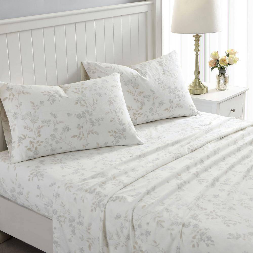 Twin Gray Cotton Flannel Floral Deep Pocket Sheet Set