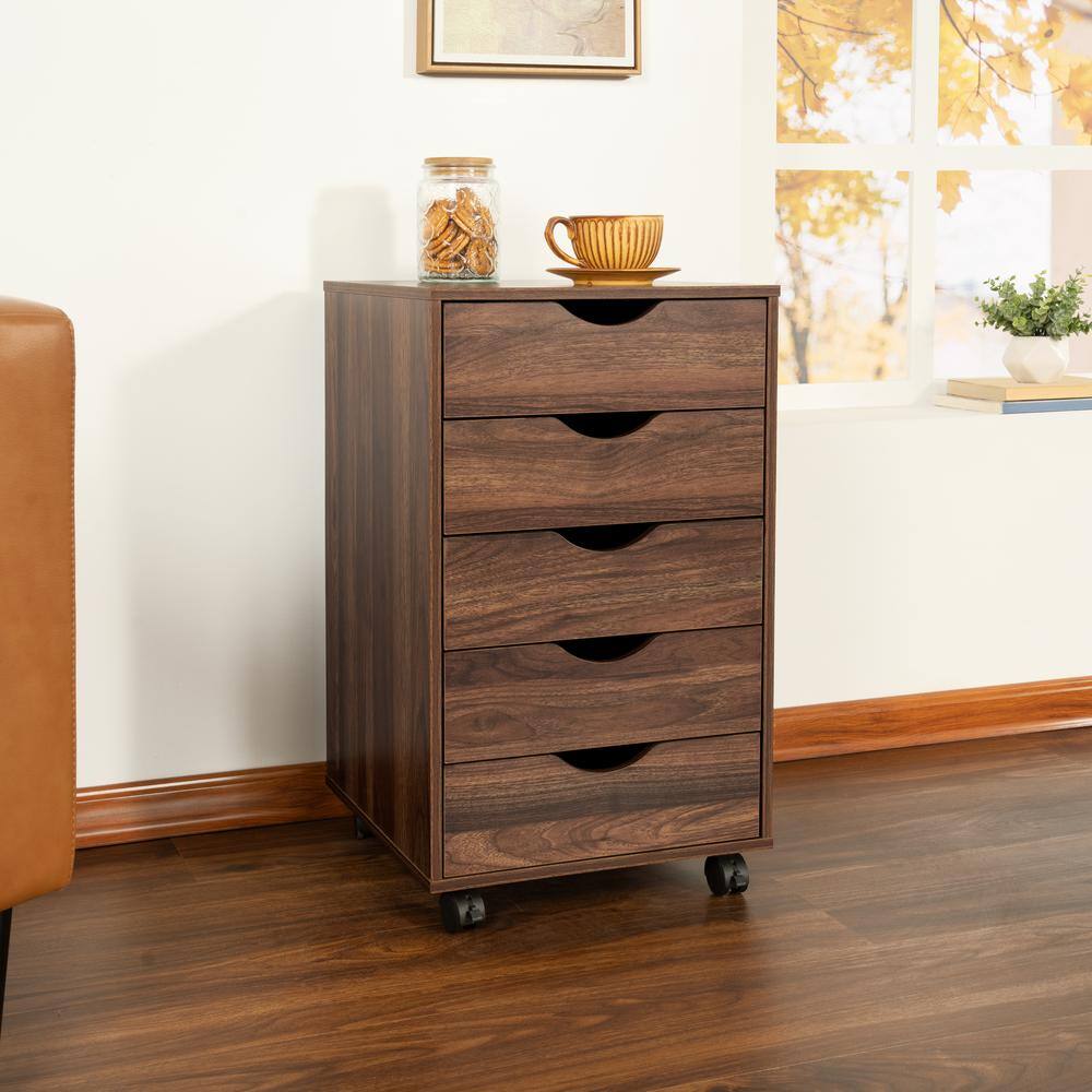 5-Drawer Brown Oak Wood 15.75 in. W Tall Bedroom Dresser with Storage Shelves Vertical File Cabinet