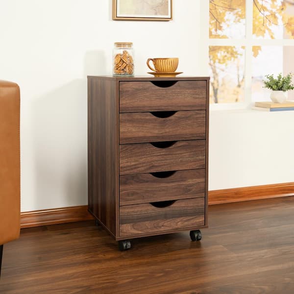5-Drawer Brown Oak Wood 15.75 in. W Mobile Craft Storage Cabinet, Dresser Organizer File Cabinet with Wheels