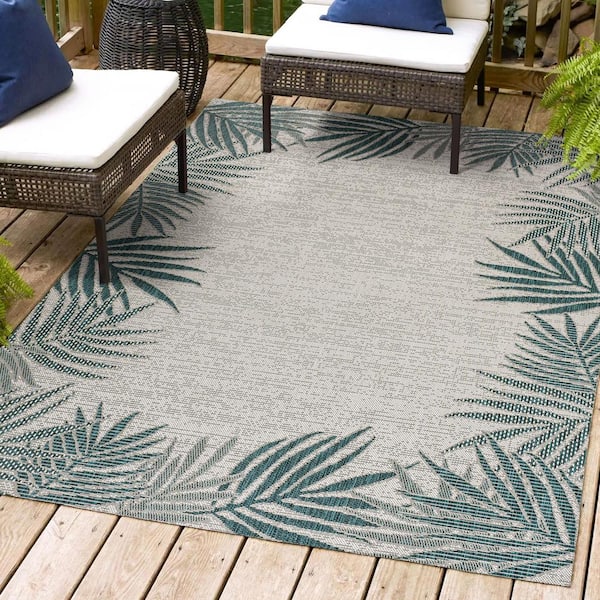 Isla Coastal Cottage Palm Frond Border Blue/Cream 5 ft. x 8 ft. Indoor/Outdoor Area Rug