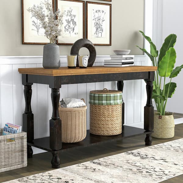 Furniture of America Heavenly 47 in. Antique Black and Oak Rectangle Console Table with Open Shelf