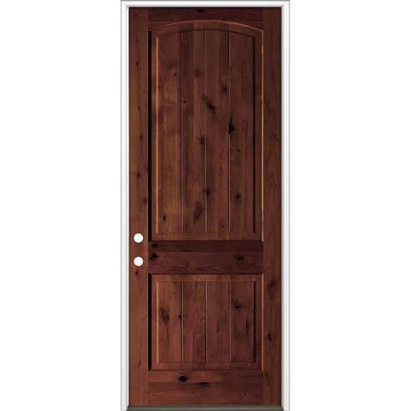 36 in. x 96 in. Rustic Knotty Alder Top Arch V-Groove Right-Hand/Inswing BEHR Red Mahogany Stain Wood Prehung Front Door