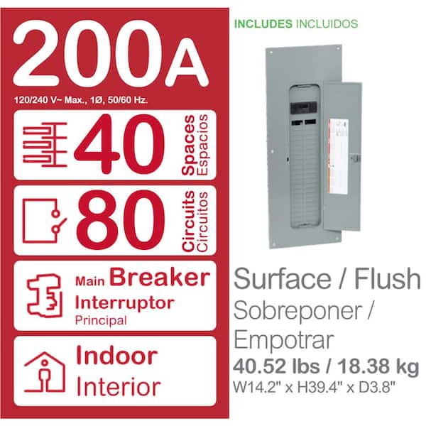 Homeline 200 Amp 40-Space 80-Circuit Indoor Main Breaker Plug-On Neutral Load Center with Cover - CAFI breaker ValuePack
