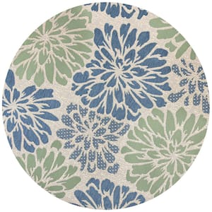 Zinnia Modern Floral Textured Weave Navy/Green 8 ft. Round Indoor/Outdoor Area Rug