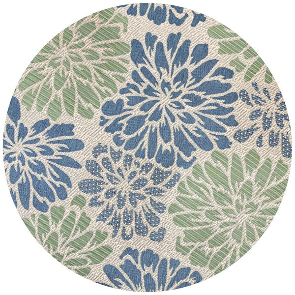 Zinnia Modern Floral Textured Weave Navy/Green 6 ft. Round Indoor/Outdoor Area Rug