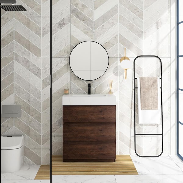 JimsMaison 30 in. W x 18 in. D x 37 in. H Single Sink Freestanding Bath Vanity in Walnut with White Cultured Marble Top