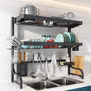 2-Tier Stainless Steel Dish Rack in Black With Adjustable Height Design