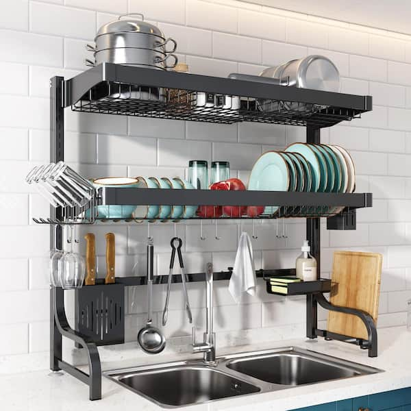 JASIWAY 2-Tier Stainless Steel Dish Rack in Black With Adjustable ...