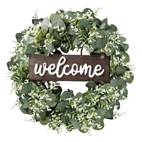 Unbranded Farmhouse Green Eucalyptus Welcome Wreath 16 in. x 16 in. by Artificial Greenery Wall Art