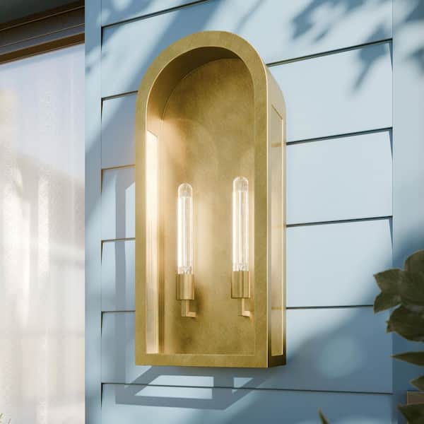 Marea 25 in. 2-Light Outdoor Wall Light with Clear Glass in Natural Brass