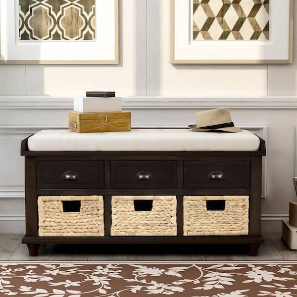 Harper & Bright Designs White Rustic Storage Cabinet with 2-Drawers and 4-Classic Fabric Basket