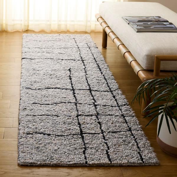 Natura 2 ft. x 8 ft. Gray/Black Abstract Grid Distresed Runner Rug