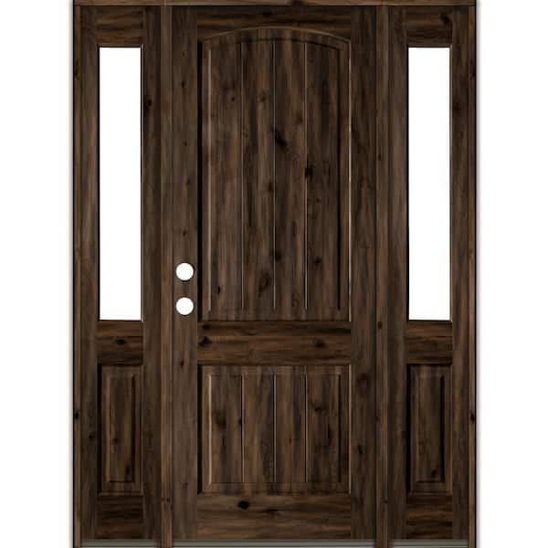Krosswood Doors 64 in. x 96 in. Rustic knotty alder 2 Panel Right-Hand/Inswing Clear Glass Black Stain Wood Prehung Front Door with DHSL