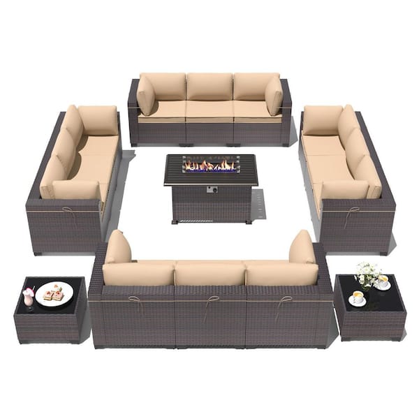 15-Piece Wicker Patio Fire Pit Set with Glass Coffee Tables 55,000 BTU Fire Pit Table, Glass Wind Guard and Cushion Sand