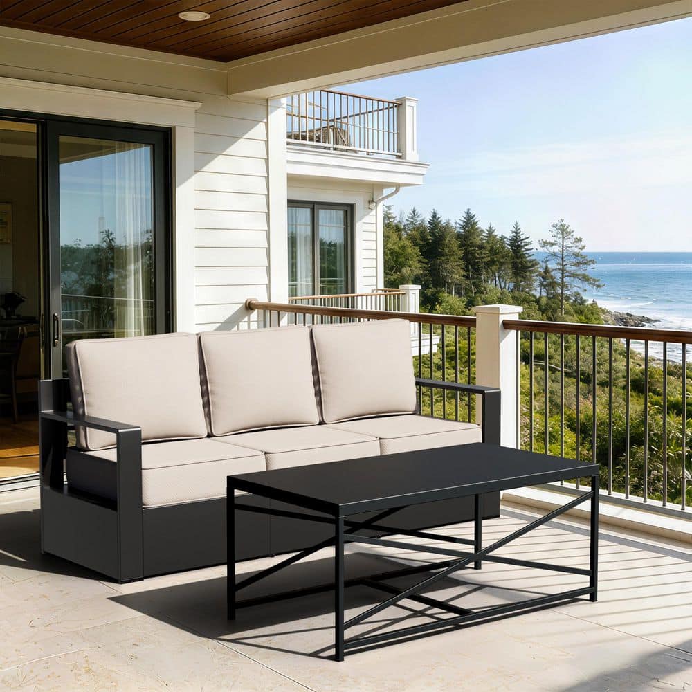 Patio Outdoor 3-Seats Black Aluminum Sofa, Metal Outdoor Couch with Beige Cushion, Coffee Table price history on PriceWatchPro