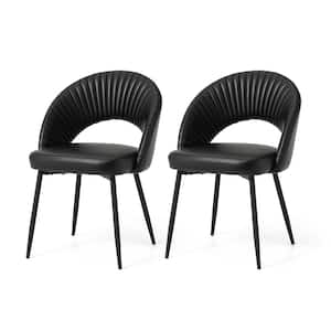 Mid-Century Modern Black Quilted Leatherette Dining Chair with Metal Tapered Legs (Set of 2)