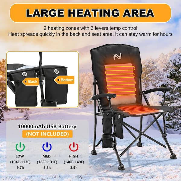  Heated Camping Chair, Heated Portable Folding Chair with Cup  Holder, Heats Back and Seat, 3 Adjustable Heat Levels, Up to 300 lbs,  Perfect for Outdoor Activities, Sports, Beach - Battery NOT